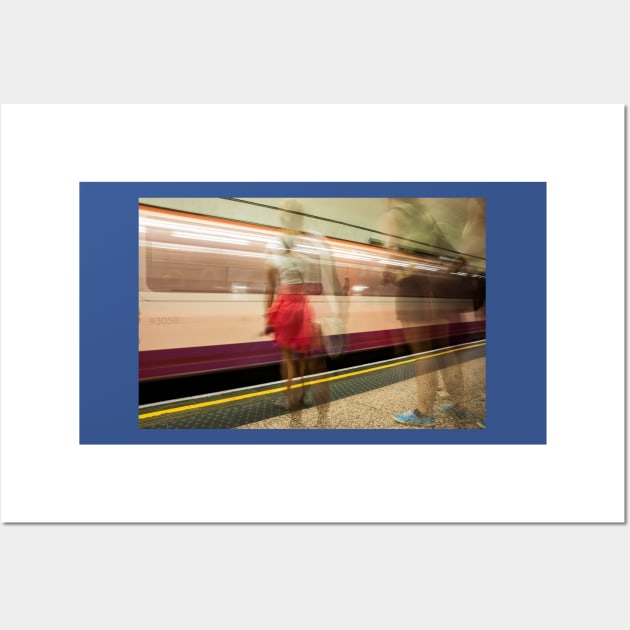 conceptual image people on underground platform as train arrives in motion blur. Wall Art by brians101